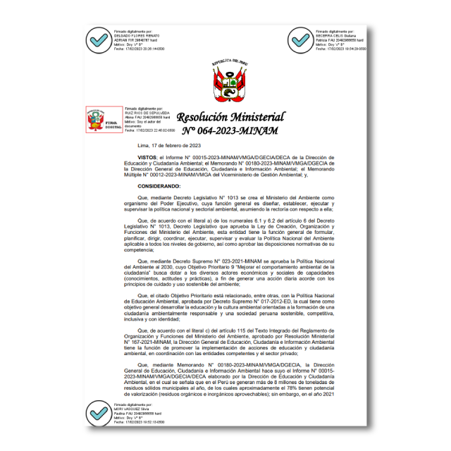 Resolución Ministerial N° 064-2023-MINAM. Perú Limpio - Chuya Chuya Perú y Gran Cruzada Verde