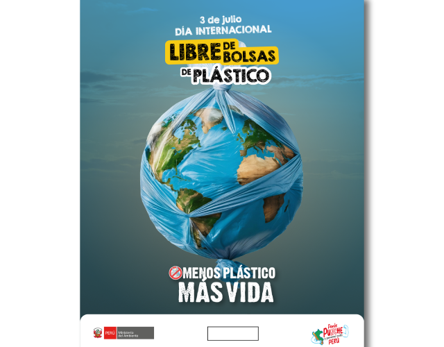 Afiche que muestra la imagen del planeta envuelto en bolsas de plástico